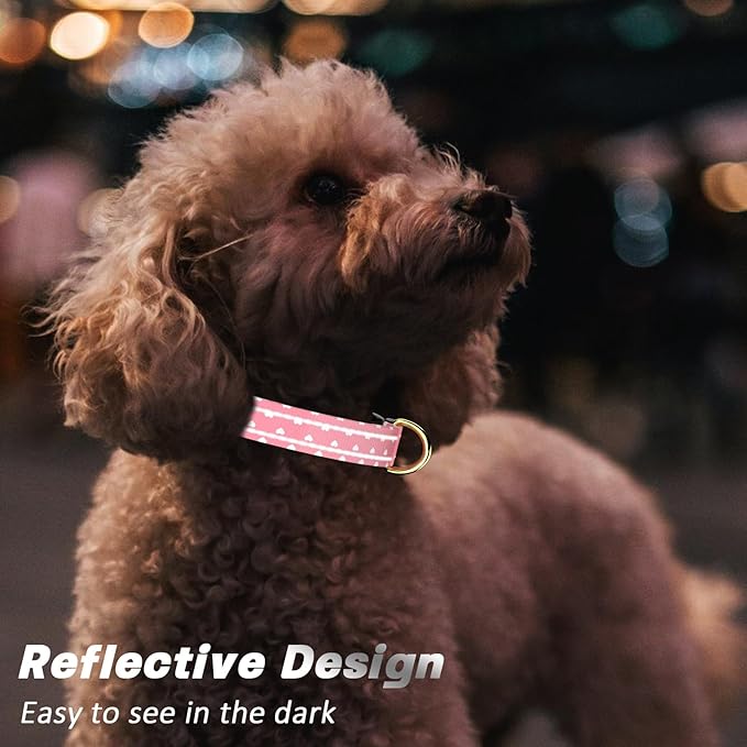 Reflective Dog Collar for Medium Dogs, Cute Adjustable Heavy-Duty Nylon Puppy Collars for Boy and Girl Female, Soft Pet Accessories with Quick Release Buckle, Neck 14-20", Pink Hearts