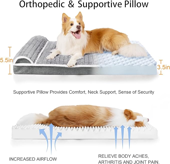 Orthopedic XL Dog Bed Large Sized Dog with Pillow 48''X30'', Waterproof Soft Comfortable Egg Crate Foam Pet Crate Beds Mat with Removable Washable Cover and Non-Slip Bottom, Grey