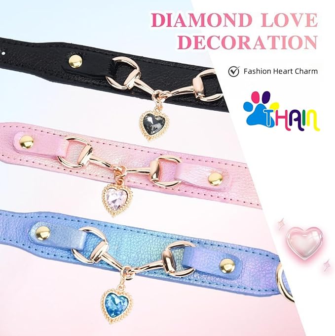 THAIN Fashion Dog Collar with Bling Diamonds & Heart Charm – 5 Holes Adjustable PU Leather Rhinestones Necklace Collar, Gold Buckle for Small Medium Dogs Girl boy (Black, S)