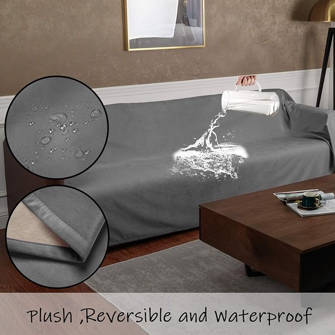 Ameritex Pet Bed Blanket Reversible 100% Waterproof Velvet Super Soft for Sofa and Bed (68x82 Inches, Light Grey+Beige)