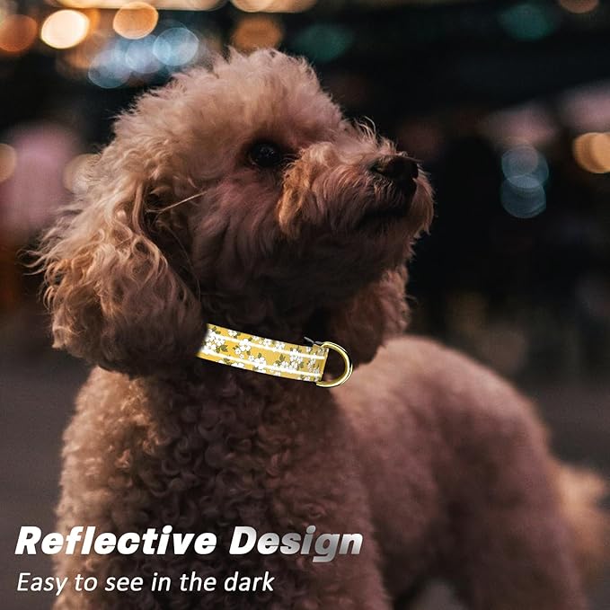 Reflective Dog Collar for Large Dogs, Cute Flower Theme Adjustable Heavy-Duty Nylon Puppy Collar for Boy and Girl Female, Soft Pet Accessories with Quick Release Buckle, Yellow