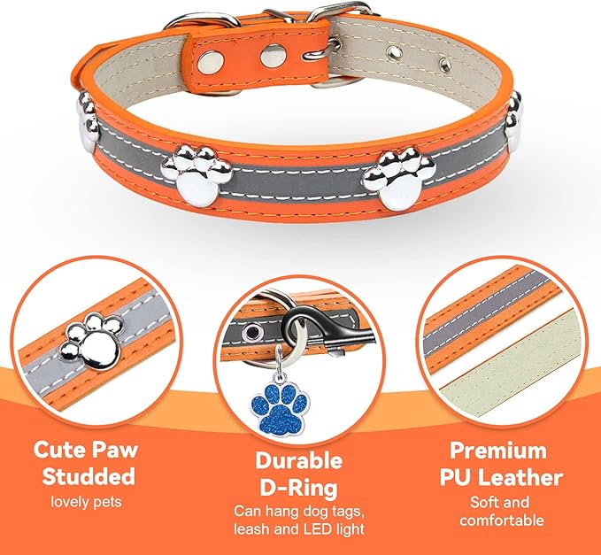 PETCARE Reflective Dog Collar with Cute Paw Rivet Studded Funny Soft PU Leather Adjustable Puppy Dog Collars for Small Medium Large Dogs Cats (Orange,Large)