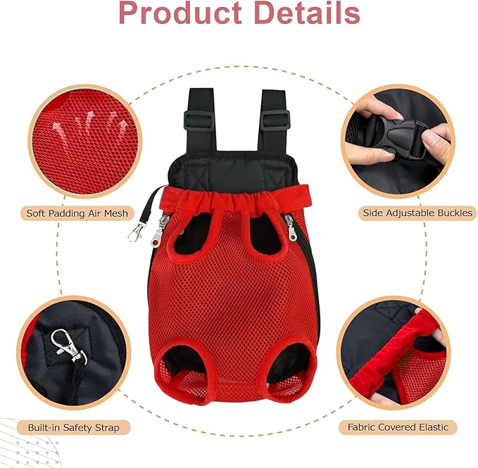 Dog Carrier Backpack, Adjustable Puppy Front Carrier Backpack, Ventilated Dog Chest Carrier for Hiking Camping Travel, Sling Bag for Small Medium Dog Cat Rabbit Puppies, Suit 9-13 lbs (Red, L)