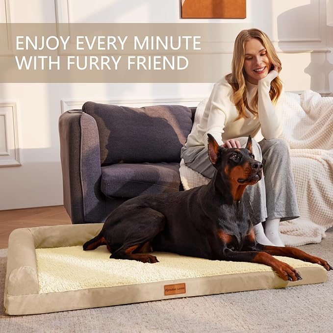Patas Lague Orthopedic XL Dog Bed Large Sized Dog 42''X28'', Waterproof L Bolster Big Large Pet Sofa Beds with Removable Washable Cover, Soft Comfortable Pet Couch Crate Mat with Nonskid Bottom, Cream