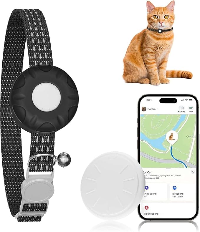 Cat Tracker, GPS Tracker Compatible with Apple Find My App(Only iOS), Waterproof Cat Tracker Collar with Bell and Safety Elastic Buckle, No Monthly Fee Pet Tracker, Up to 1-Year Battery