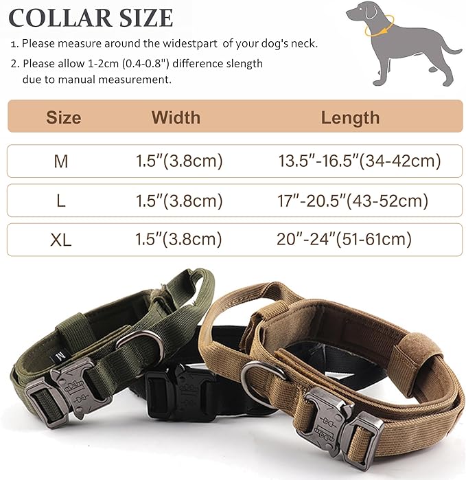 Tactical Dog Collar, Adjustable Military Training Nylon Dog Collar with Control Handle and Heavy Quick-Release Metal Buckle for Small Medium Large Dogs, Green M