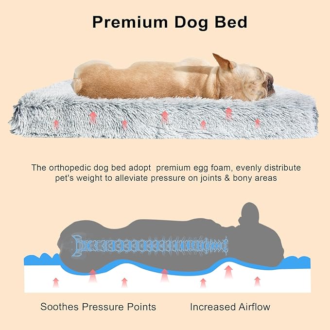 Fluffy Orthopedic Dog Beds for Small Dogs with Washable Removable Cover Dog Crate Bed Egg Crate Foam Support Plush Pet Pad Mat with Anti-Slip Bottom(Grey,30 * 20)