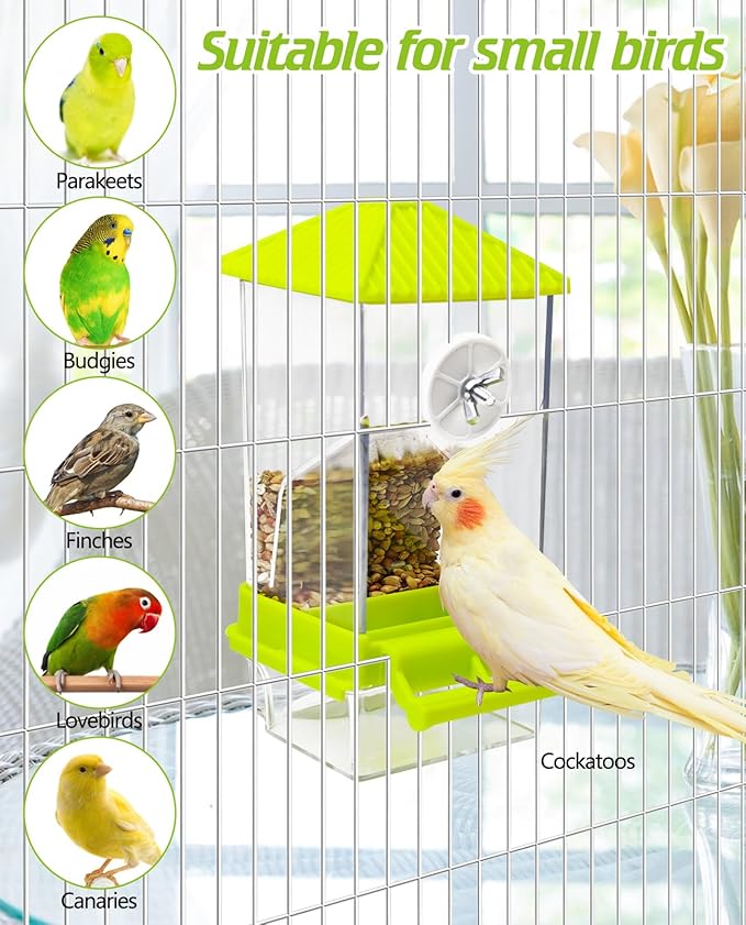BNOSDM No Mess Automatic Bird Feeder 2 Pcs Anti-Splash Bird Feeder Acrylic Transparent Food Container Parrot Cage Accessories for Parakeets Budgies Lovebirds Cockatoos Conures Finches (Green)