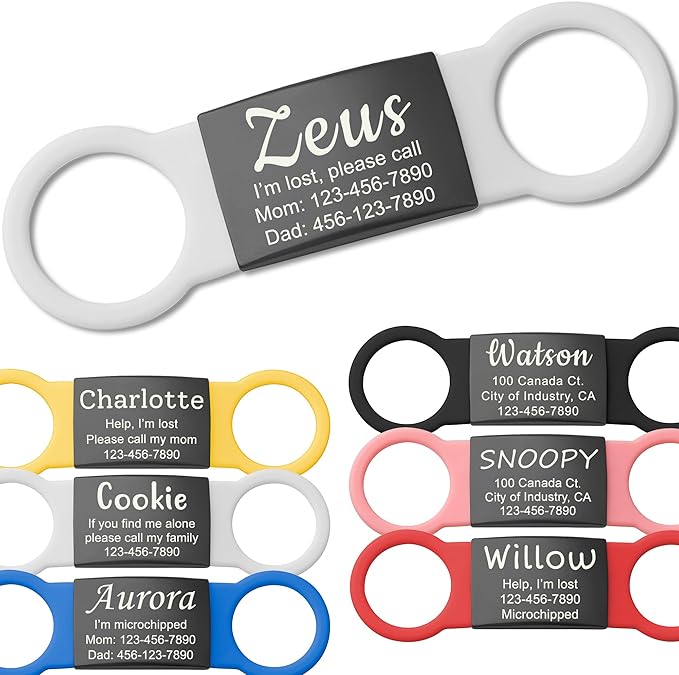 Anavia Slide On Silent Pet ID Tags, S/M/L/XL Personalized Black Stainless Steel Colored Silicone Cat Dog Name Tag, Customized Engraved Nameplate, Quiet Chew-Proof Pet Collar Tag (White, Large)