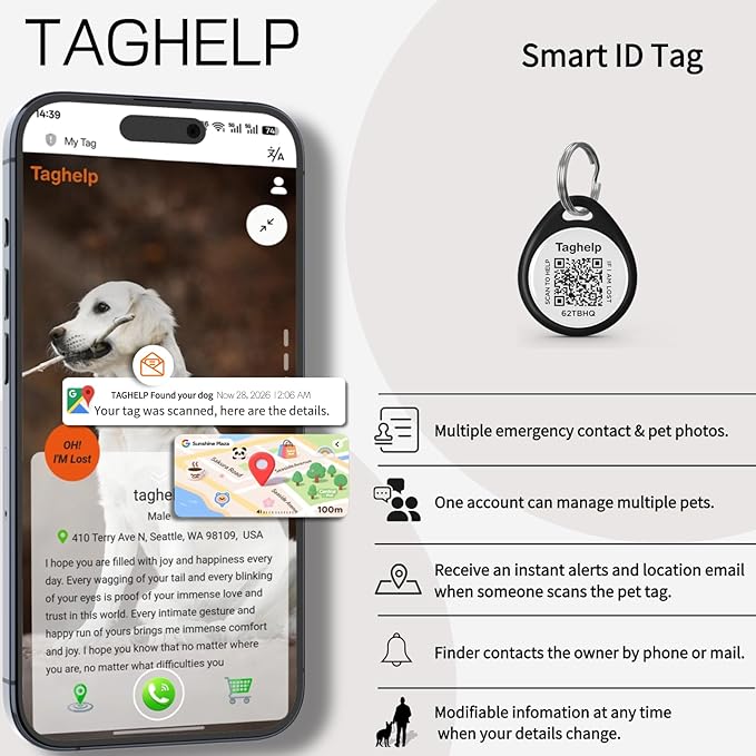 2-Pack -Smart QR Code Pet ID Tag for Dogs - Instant GPS Location Alert via Email, No App/Subscription Required, Waterproof Anti-Lost Personalized Dog Collar Accessories (Blue&Pink, for Dog - 1.2")