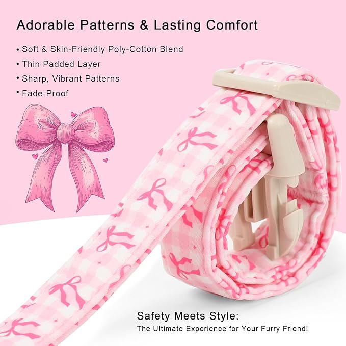 Girl Dog Collar for Small Dogs - Cute Pink Plaid & Bow Print Spring/Summer Puppy Collar, Soft Adjustable Holiday Female Dog Collars with Quick Release Buckle S