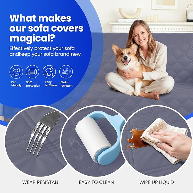 Waterproof Dog Bed Cover, Non-Slip Dog Blanket for Couch, Couch Covers for Dogs Washable, Pet Blanket for Furniture, Pet Bed Mat for Sofa, Car, Pet Supplies (82x82 Inch, Grey Blue)