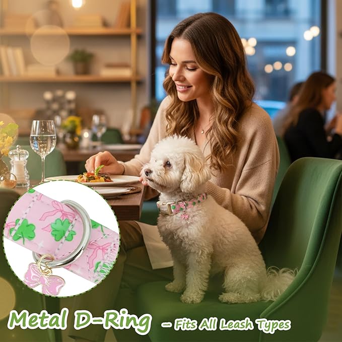 St. Patrick's Day Dog Collar,Pink Bow with Green Clover Puppy Collar,Adjustable Spring Cotton Collars Gifts for Small Medium Large Dogs,Dog Accessories XS