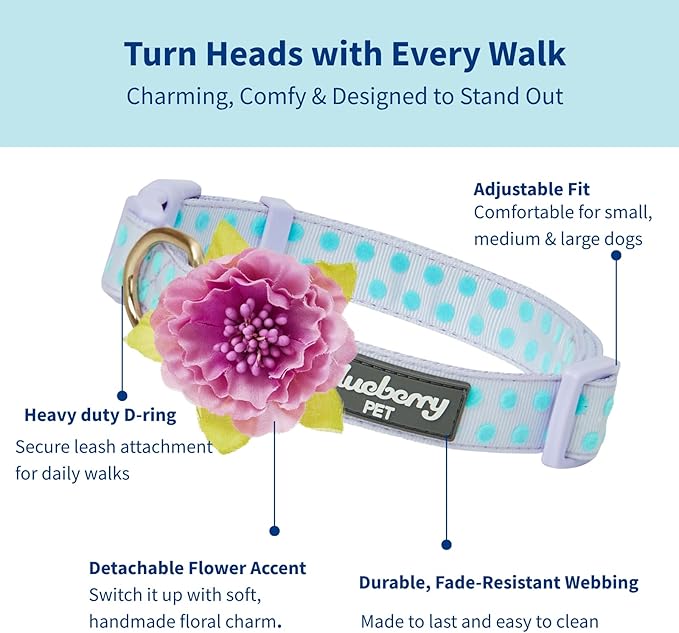 Blueberry Pet Flocking Dog Collar, Small Girl Dog Collar with Silk Flower, Polka Dot Pastel Purple, Adjustable Dog Collars for Small Dogs, 12"-16" Neck, Eco-Friendly Buckles