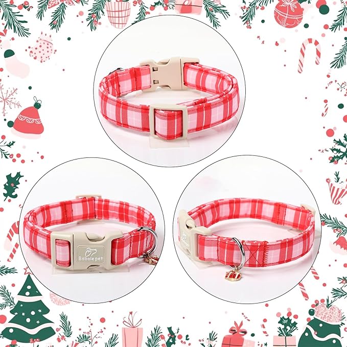 Plaid Dog Collar - Cute Red and Pink Plaid Puppy Collar with Safety Buckle, Soft Adjustable Holiday Dog Collars for Small Medium Large Dogs L