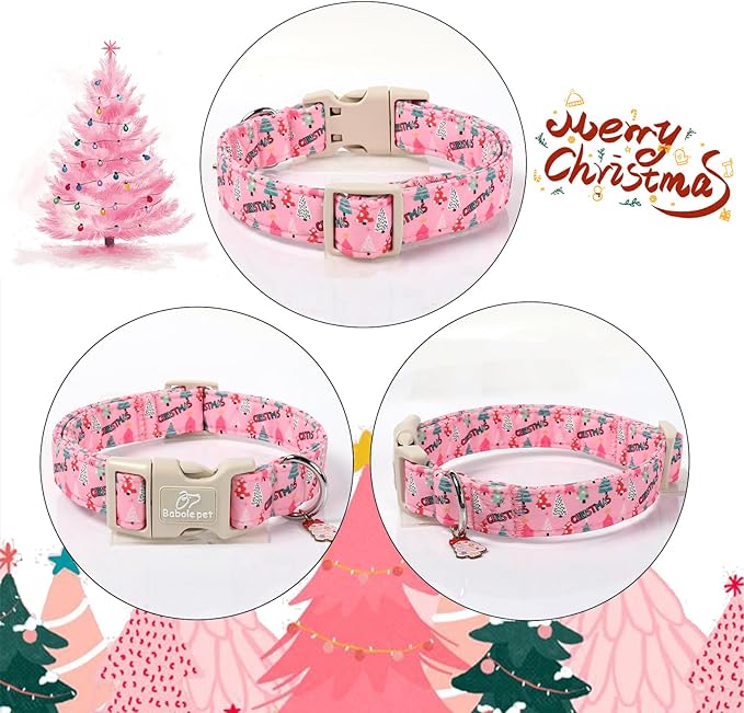 Christmas Dog Collar for Medium Dogs - Cute Xmas Tree Print Pink Christmas Collars for Dogs, Soft Adjustable Winter Holiday Dog Collars with Quick Release Buckle M