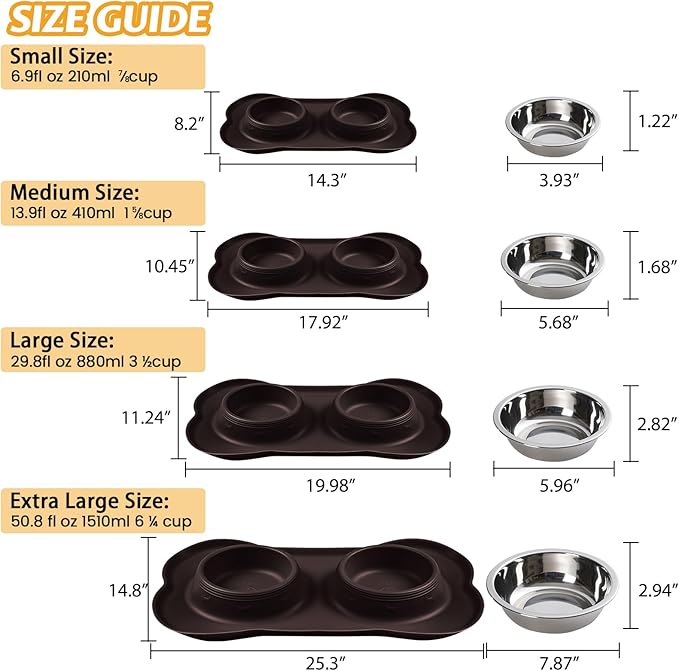 Hubulk Pet Dog Bowls 2 Stainless Steel Dog Bowl with No Spill Non-Skid Silicone Mat + Pet Food Scoop Water and Food Feeder Bowls for Feeding Small Medium Large Dogs Cats Puppies (Large, Chocolate)