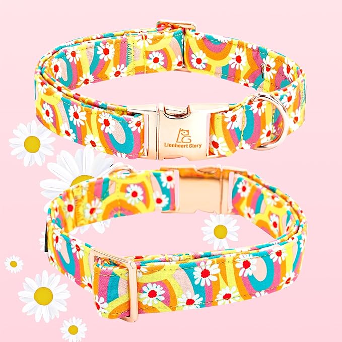 Lionheart glory Dog Collar with Flower, Sunflower Pattern Pet Collar Durable Cute Dog Flower Collars Summer Spring Female Pet Gift Adjustable Dog Collar for Medium Dogs