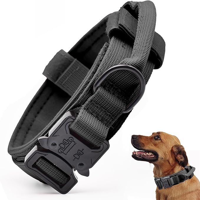 Tactical Dog Collar, Adjustable Military Training Nylon Dog Collar with Control Handle and Heavy Quick-Release Metal Buckle for Small Medium Large Dogs, Black S
