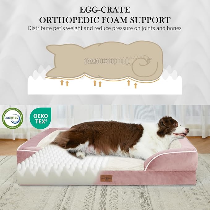 Comfort Expression Orthopedic Dog Bed for Medium Dogs 28x19 Inch, Waterproof Supportive Egg Crate Foam Medium Pet Bed with Removable Bolsters, Dog Couch with Washable Cover & Non-Slip Bottom, Pink