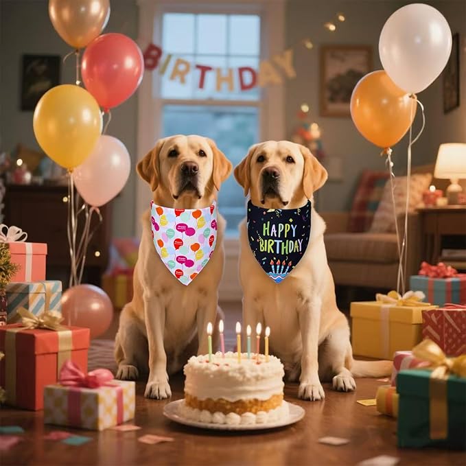 Dog Birthday Bandanas, 2-Pack Reversible 4 Patterns for Small Dogs - Black Boy & White Girl Birthday Scarf, Party Outfit Gift for Pups (9-14" Neck)