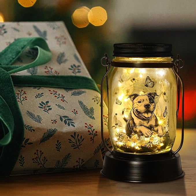 Pit Bull Gifts for Women/Men Pit Bull Solar Lanterns Mom Birthday Pibble Dog Lovers Lantern Pet loss Animal Bully Memorial Lights Solar Garden Decoration for Yard, Patio,Backyard,Porch Torches