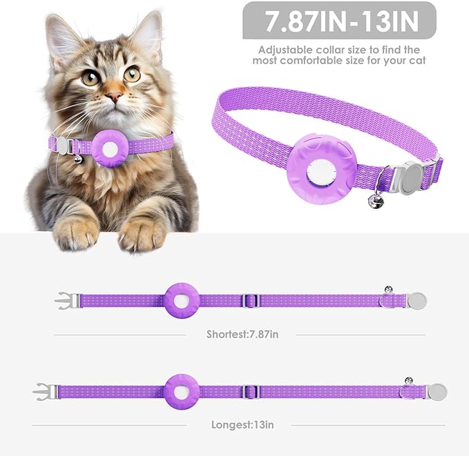 Smart Cat GPS Tracker, Cat Tracker Collar with Safety Elastic Buckle, Compatible with Apple Find My App (Only iOS), No Monthly Fee, Waterproof (White Tracker, Purple Cat Collar)