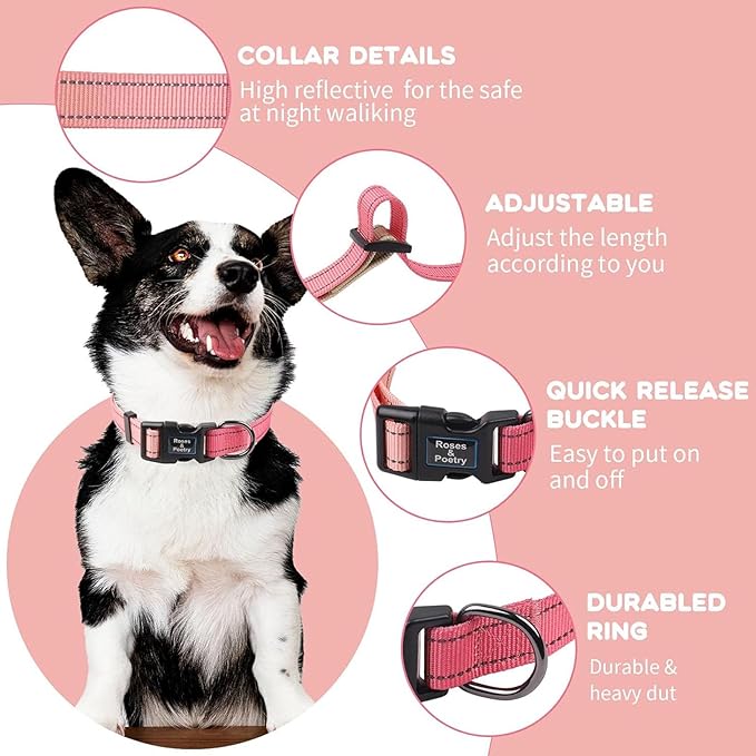 Roses&Poetry Medium Dog Collar, Pink Gradient, Reflective, Adjustable, Durable Polyester, Suitable for Medium Dogs