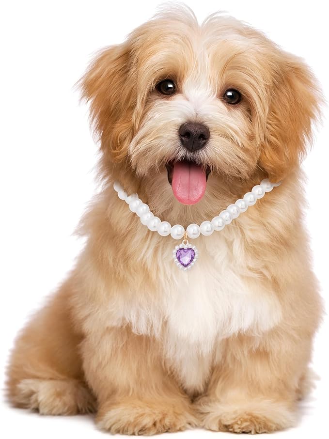 2pcs Cat Pearl Collar with Heart Pendant, Cute Pearl Pet Necklace in Small, Adjustable Wedding Party Small Dog Jewelry Accessories for Puppy Kitten- Green & Purple