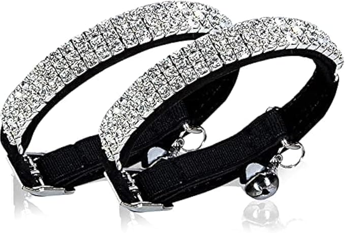 CHUKCHI Soft Velvet Safe Cat Adjustable Collar Bling Diamante with Bells,11 inch for Small Dogs and Cats (Black - 2 Pack)