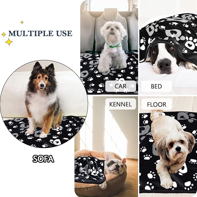 Dog Blanket, Soft Fleece Dog Blankets for Large Dogs, Fluffy Flannel Pet Cat Puppy Blanket Mat Cover for Bed Couch, Cute Paw Print Throw Blanket for Dogs, Black 60"X50"