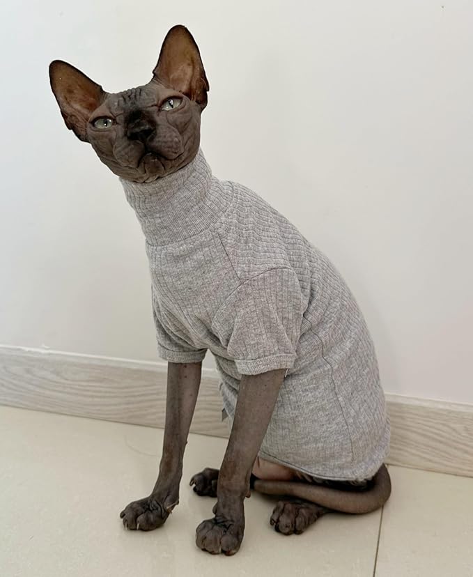 Sphynx Hairless Cats Shirt Cotton Cat Turtleneck Sweater Pullover Kitten T-Shirts with Sleeves Cat Pajamas Jumpsuit for Sphynx Cornish Rex, Devon Rex, Peterbald (Large (Pack of 1), Light Grey)