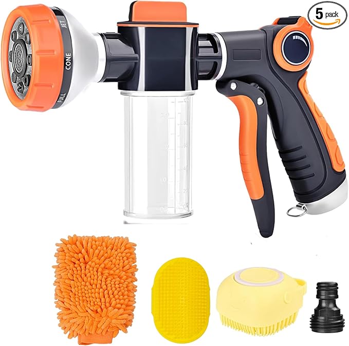 Garden Hose Nozzle, 8 Spray Patterns Dog Wash with Soap Dispenser, Pressure Hand Sprayer with Flow Control for Watering Plants & Lawns, with Pet bathing tools and car washing gloves