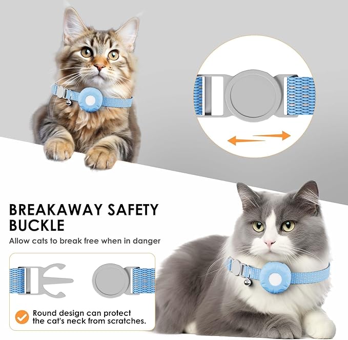 Cat GPS Tracker, Smart Cat Tracker Compatible with Apple Find My App (Only iOS), No Monthly Fee, Waterproof, Breakaway Collar Included (White Tracker, Blue Cat Collar)