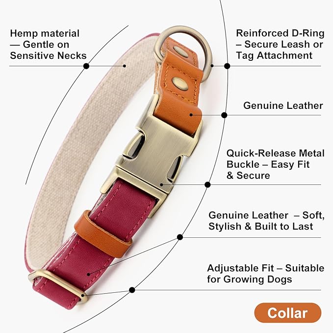 Plutus Pet Genuine Leather & Hemp Dog Collar – Adjustable Heavy Duty Pet Collar with Quick Release Metal Buckle, Soft & Stylish for Puppy and Small, Medium, Large Dogs (Burgundy, XS)