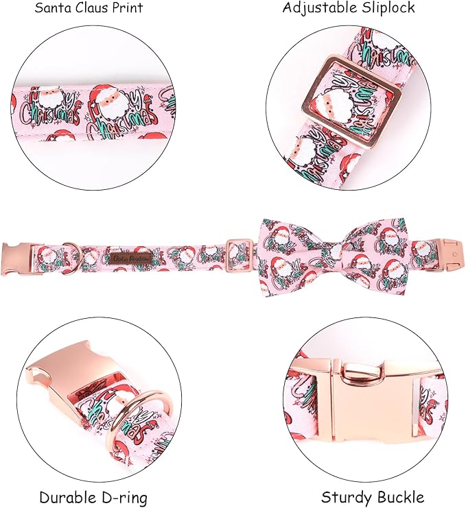 Christmas Dog Collar, Pink Christmas Santa Claus Dog Collar Bow Tie Pet Collars with Bow Adjustable Pet Collars with Premium Metal Buckle Dogs Necklace for Medium Girl Dogs
