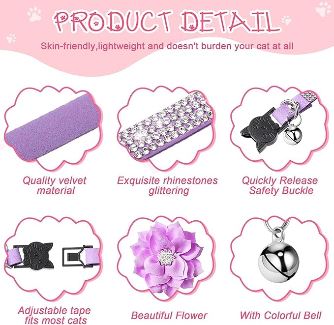 Cat Collars,Rhinestone for Girl Cats Bling Kitten Flower Adjustable Breakaway Collar with Bell Soft Velvet Leather Collar for Puppy Small Dogs (Hot Pink)