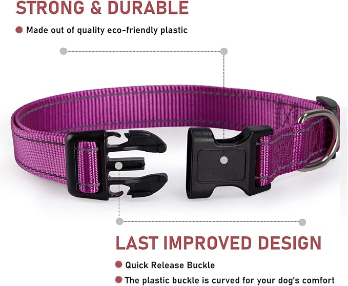 Reflective Dog Collar with Buckle Adjustable Safety Nylon Collars for Small Medium Large Dogs, Purple XS