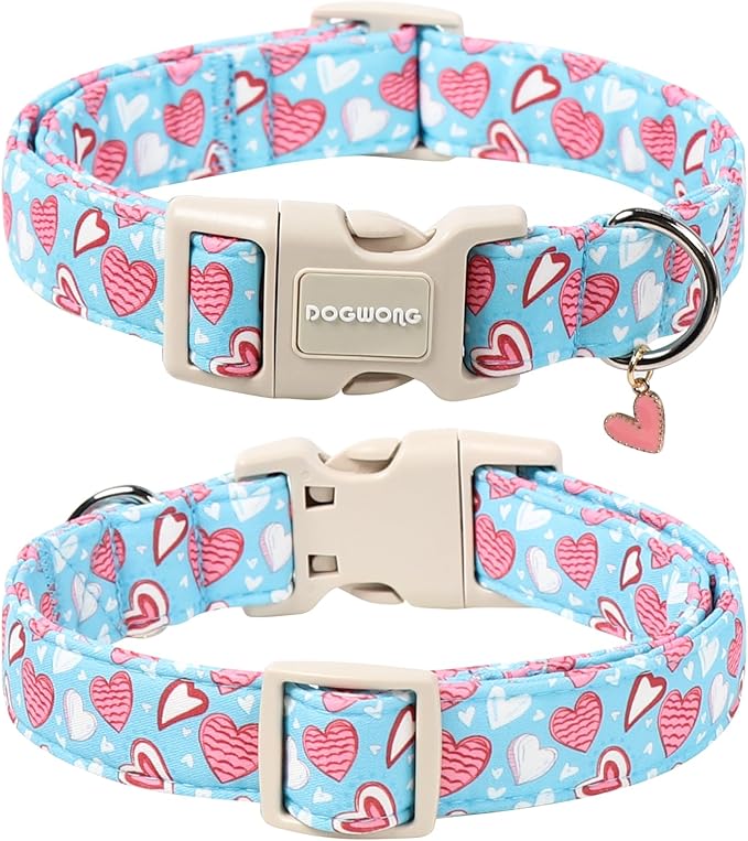 DOGWONG Blue Heart Dog Collar, Cute Valentine Collar, Valentine's Day Dog Collar with Strong Plastic Buckle for Small Medium Large Dogs,S