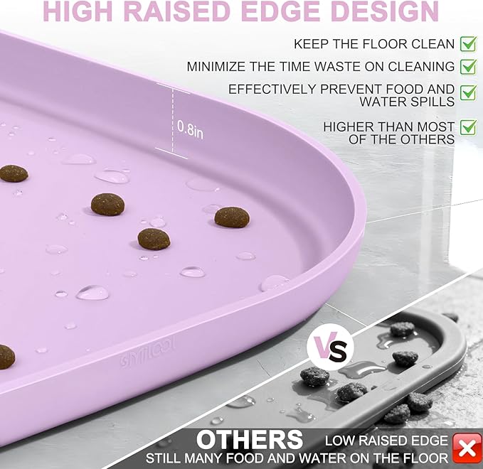 Silicone Pet Food Mat with Raised Edge for Food and Water Bowl, Dog Feeding Mats, Cat Food Trays for Floor Waterproof, Rubber Tray for Dogs and Cats, 22 x 14 x 0.8 Lavender