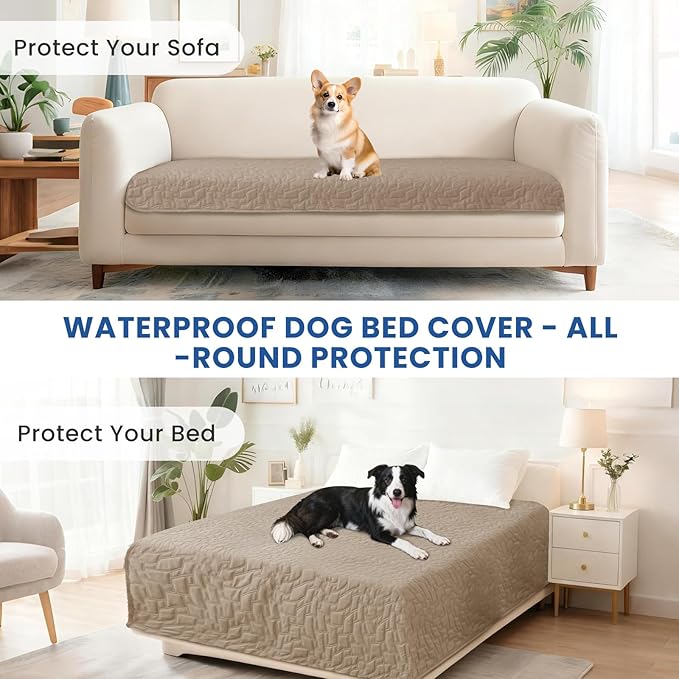 Waterproof Dog Bed Cover, Non-Slip Dog Blanket for Couch, Couch Covers for Dogs Washable, Pet Blanket for Furniture, Pet Bed Mat for Sofa, Car, Pet Supplies (52x82 Inch, Khaki)