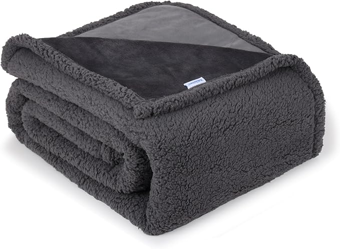 Waterproof Dog Blanket for Large Dogs - Reversible Washable Pet Blanket, Soft Sherpa Fleece Furniture Protector, Cat Throw Bed Couch, Grey, 60"x80"
