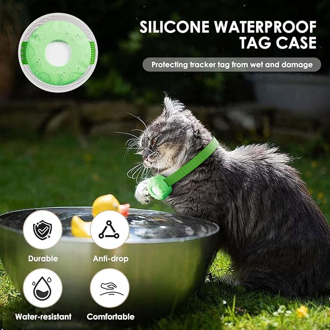 Cat Tracker, GPS Tracker Compatible with Apple Find My App(Only iOS), Waterproof Cat Tracker Collar with Bell and Safety Elastic Buckle, No Monthly Fee Pet Trackers, Works with Any Collar,Green