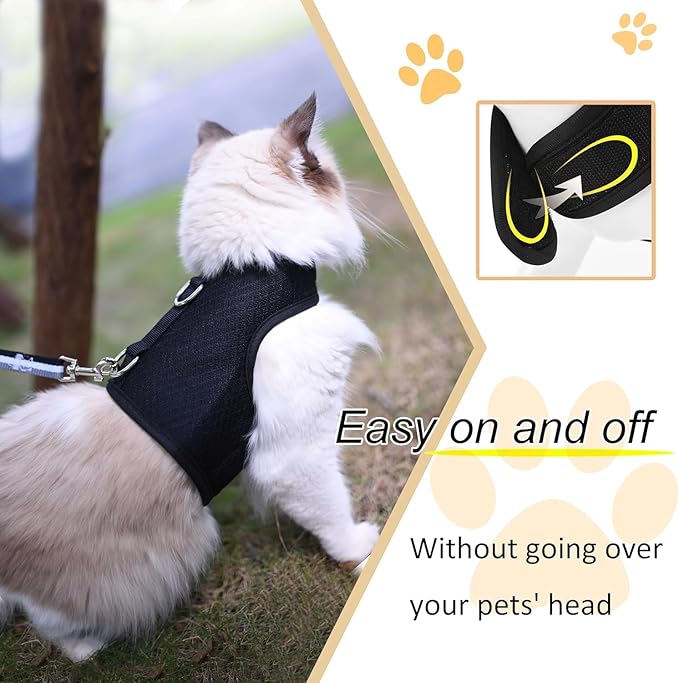 Cat Harness and Leash for Walking Escape Proof Breathable Mesh Fabric, Solid Black, Extra Large, Adjustable Cat Walking Jackets, Padded Stylish Cat Vest