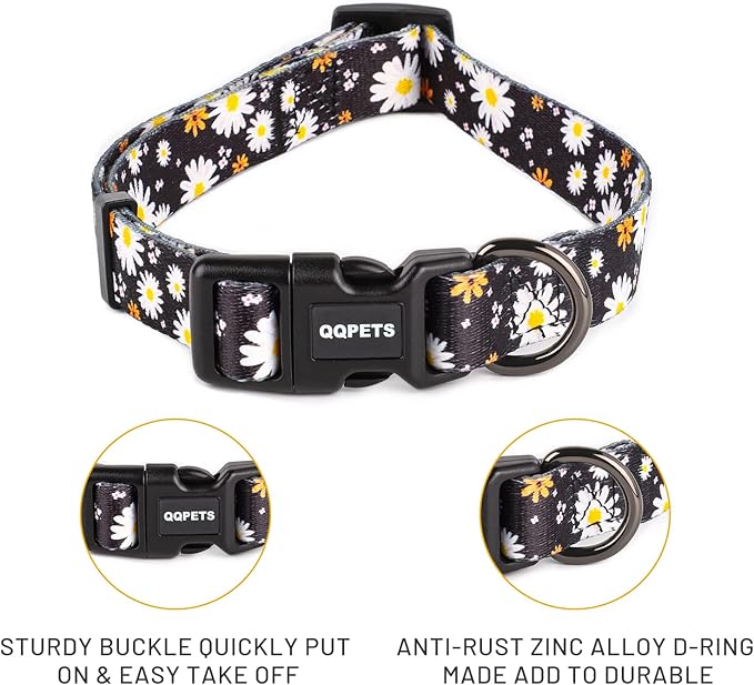 QQPETS Adjustable Soft Dog Collar: Print Flower Pink Multicolor Cute Patterns for XS Small Medium Large Pet Girl Boy Puppy Walking Running Training (XS, White Daisy)