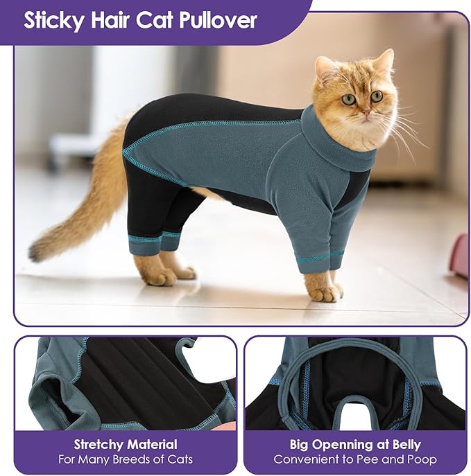 SUNFURA Hair Sticky Cat Clothes, Cat Sweater for Cats Only, 4-Legged Fleece Sweaters Kitten Pajamas Reduce Shedding Fur, Warm Pullover Shirts for Cats, Green M