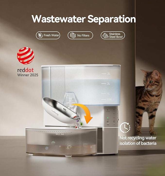 Wireless Cat Water Fountain No Filters, Wastewater Separation, FEELNEEDY Stainless Steel Bowl, 3.5L Pet Water Fountain for Cats & Dogs Dispenser, White