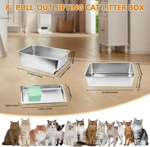 23.5" x 15.7" x 8" Stainless Steel Sifting Litter Box for Pine Pellets, XXL Large Pull-Out Cat Litter Box for Big Cats with High Sides, Metal Cat Litter Pan with Plastic Scoop &10 Urine Pads