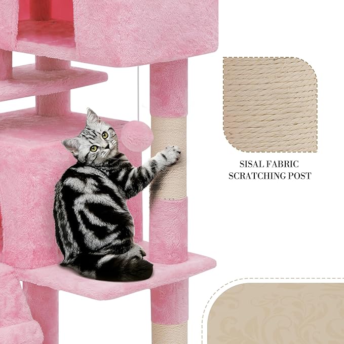 Athena Collection Cat Tree, 77 Inch Cat Tower for Indoor Cats, Multi-Level Cat Tree Tower Activity Center with 2 Cat Condo & Cat Scratching Post & Dangling Ball, Tall Cat Tree, Soft Pink