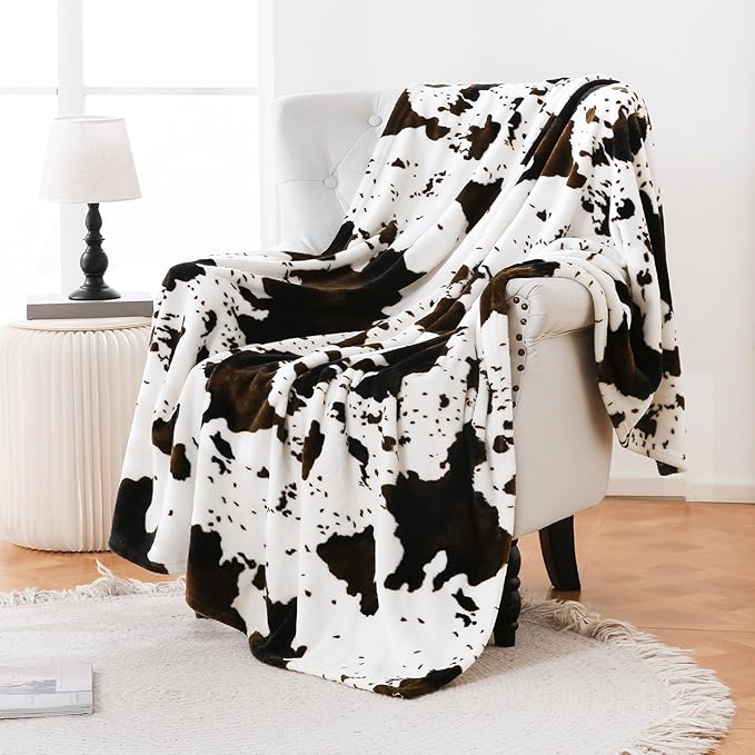 Bnuitland Cow Printed Fleece Flannel Throw Blanket, 300 GSM Double Sided Fuzzy Fluffy Blanket for Bed Sofa Couch Travel, Super Soft Lightweight for Adults and Kids, 50×60 inch